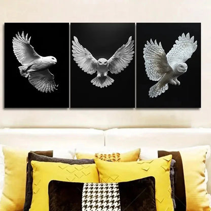 3pcs White Owl - Art Deco Modern Contemporary Metal Print Ready to Hang Art