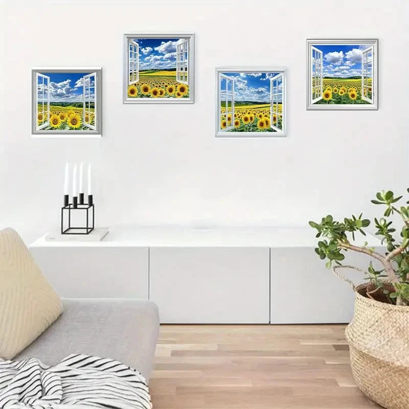 4pcs False Window Sunflower Picture Wall Art Canvas Framed