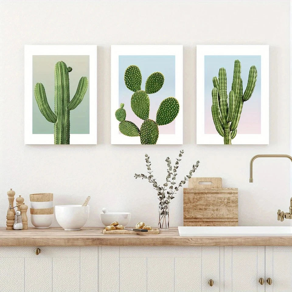 3pcs Green Succulent Plant Cactus Metal Print Ready to Hang Art
