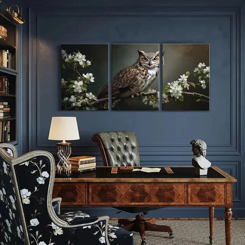 3pcs Owl Artwork Floral Branches Detailed Feathers Metal Print Ready to Hang Art