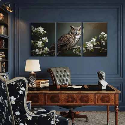 3pcs Owl Artwork Floral Branches Detailed Feathers Metal Print Ready to Hang Art