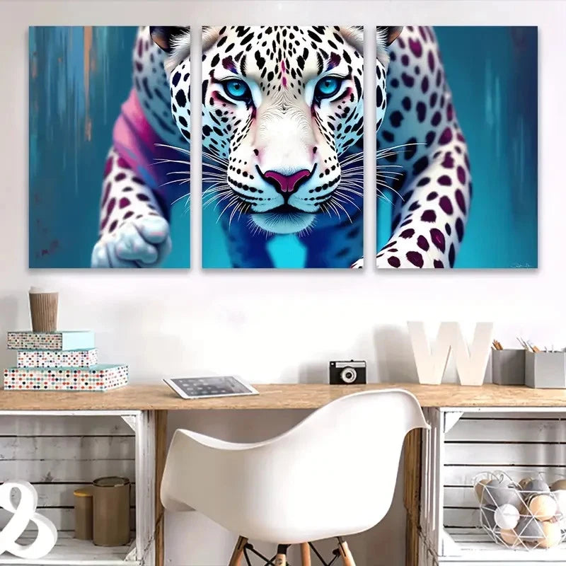 3pcs Vibrant Leopard Portrait with Blue Eyes Wall Art Set Canvas Framed 60x90cm - High Quality Print 100% Australian Made Wall Canvas Ready to Hang
