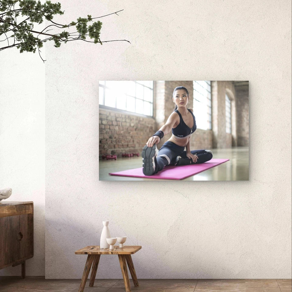 Woman Stretching on a Yoga Mat 5mm Plastic 5mm Plastic Poster Ready to Hang 90x60cm