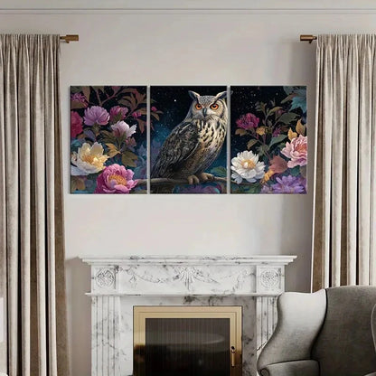 3pcs Owl Floral Design Night Sky Decor  Wall Art Set Canvas Framed 60x90cm - High Quality Print 100% Australian Made Wall Canvas Ready to Hang