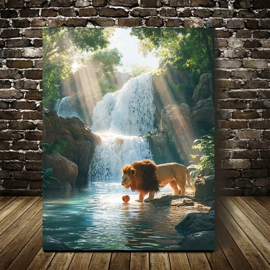 Steampunk Scene of Lion Playing with a Ball 40x60cm Metal Print Ready to Hang