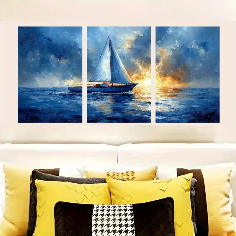 3pcs Nautical Ocean Sailing Blue Indigo Decor Wall Art Set Canvas Framed 40x60cm - High Quality Print 100% Australian Made Wall Canvas Ready to Hang