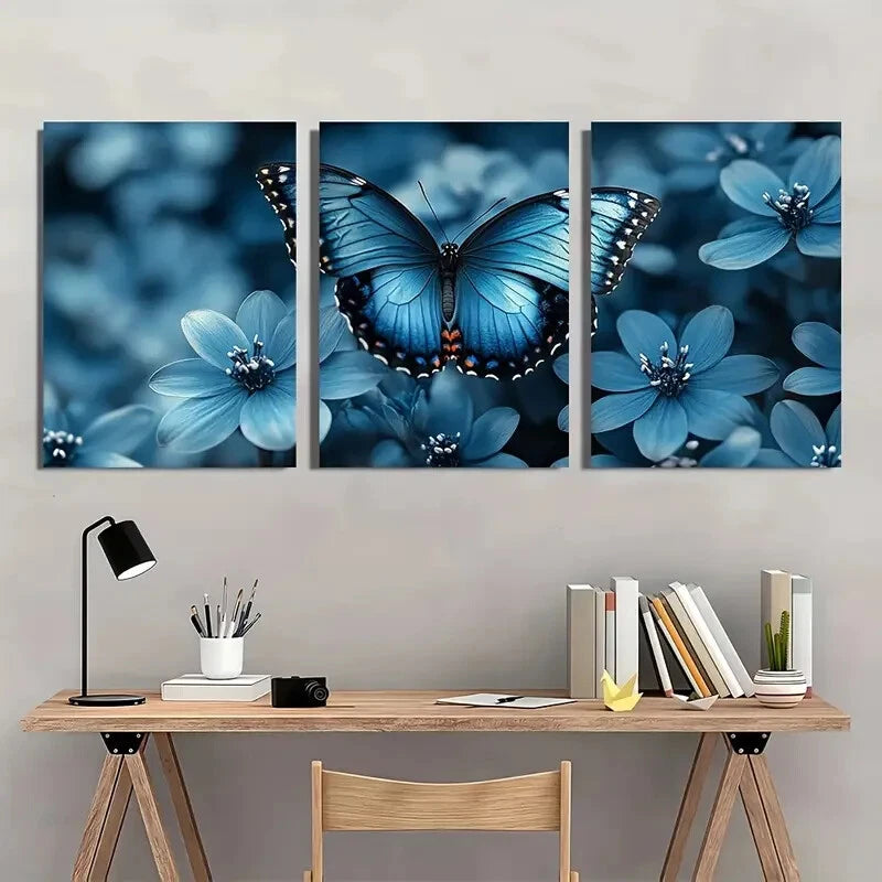 3pcs Teal Rose & Turquoise Blue Butterfly Metal Print Ready to Hang Art