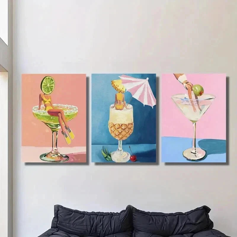 3pcs Woman in Cocktail Wine Glass Wall Art Set Canvas Framed 50x70cm - High Quality Print 100% Australian Made Wall Canvas Ready to Hang