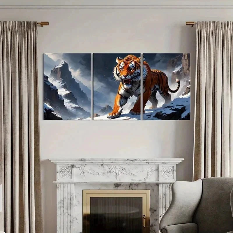 3pcs Snow Mountains & Angry Tiger Wall Art Set Canvas Framed 40x60cm - High Quality Print 100% Australian Made Wall Canvas Ready to Hang