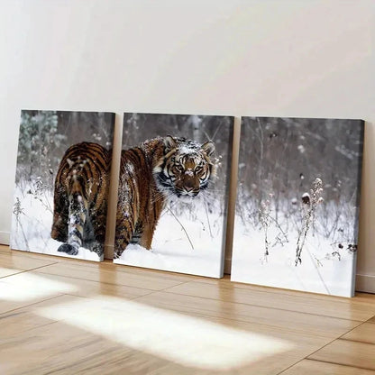 3pcs Tiger in Snow Animal Print Decor Wall Art Set Canvas Framed 40x60cm - High Quality Print 100% Australian Made Wall Canvas Ready to Hang