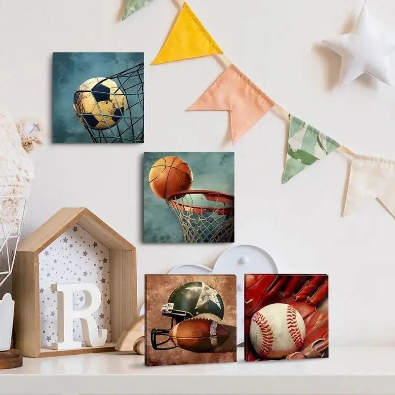 4pcs Rustic Basketball Soccer Wall Decor Wall Art Canvas Framed