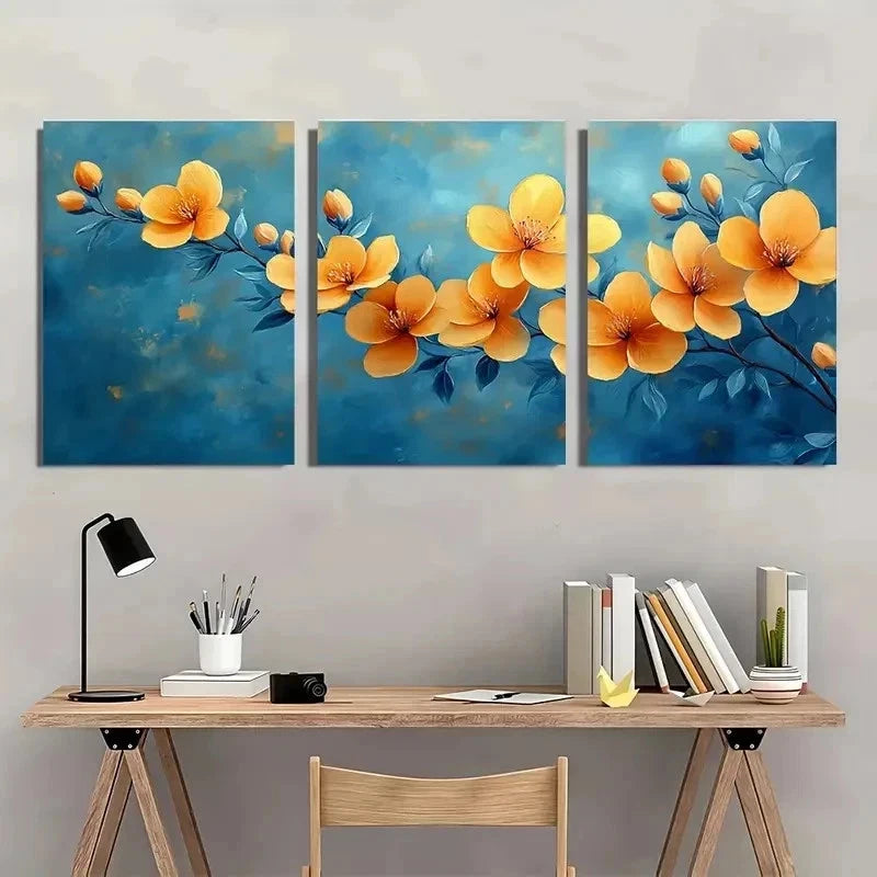 3pcs Colorful Flower Blue Yellow Perfect Wall Art Set Canvas Framed 40x60cm - High Quality Print 100% Australian Made Wall Canvas Ready to Hang