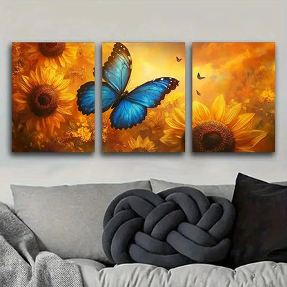 3pcs Sunflower and Blue Butterfly Metal Print Ready to Hang Art