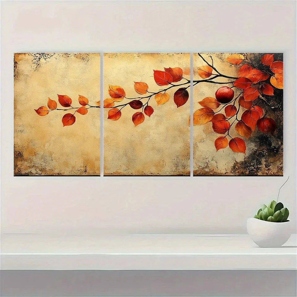 3pcs Abstract Autumn Orange and Beige Theme Metal Print Ready to Hang Art