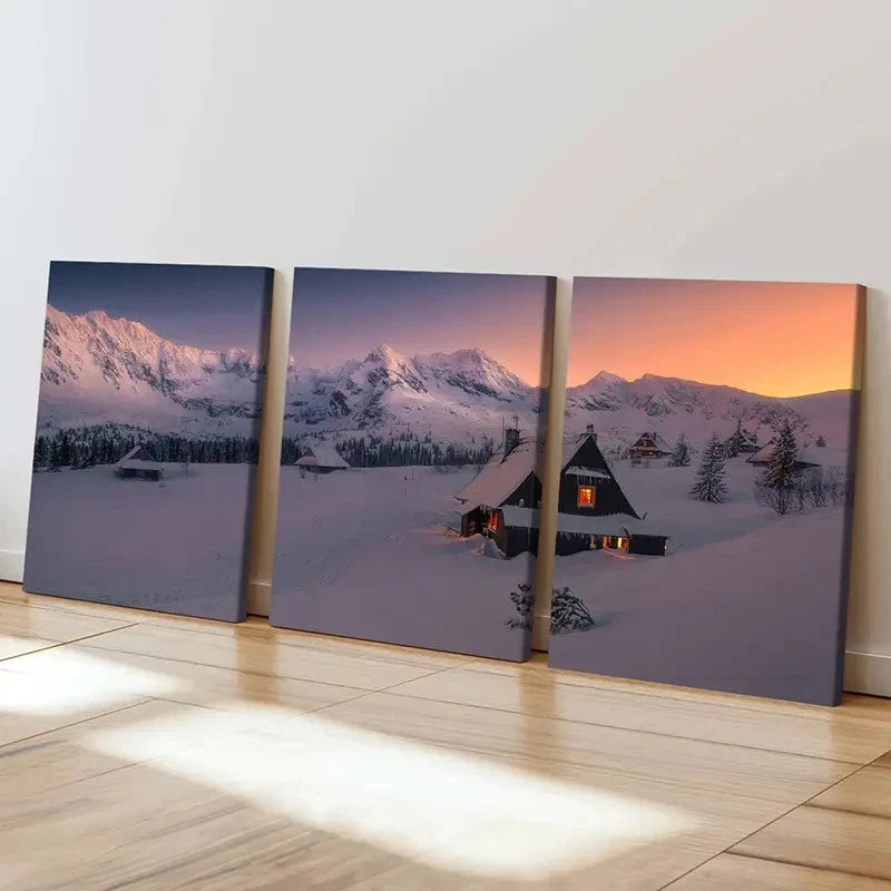 3pcs Snow Scene Cabin & Snow Mountain LandscapeWall Art Set Canvas Framed 60x90cm - High Quality Print 100% Australian Made Wall Canvas Ready to Hang