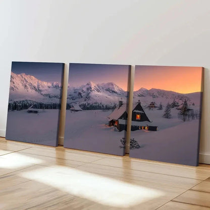3pcs Snow Scene Cabin & Snow Mountain LandscapeWall Art Set Canvas Framed 60x90cm - High Quality Print 100% Australian Made Wall Canvas Ready to Hang