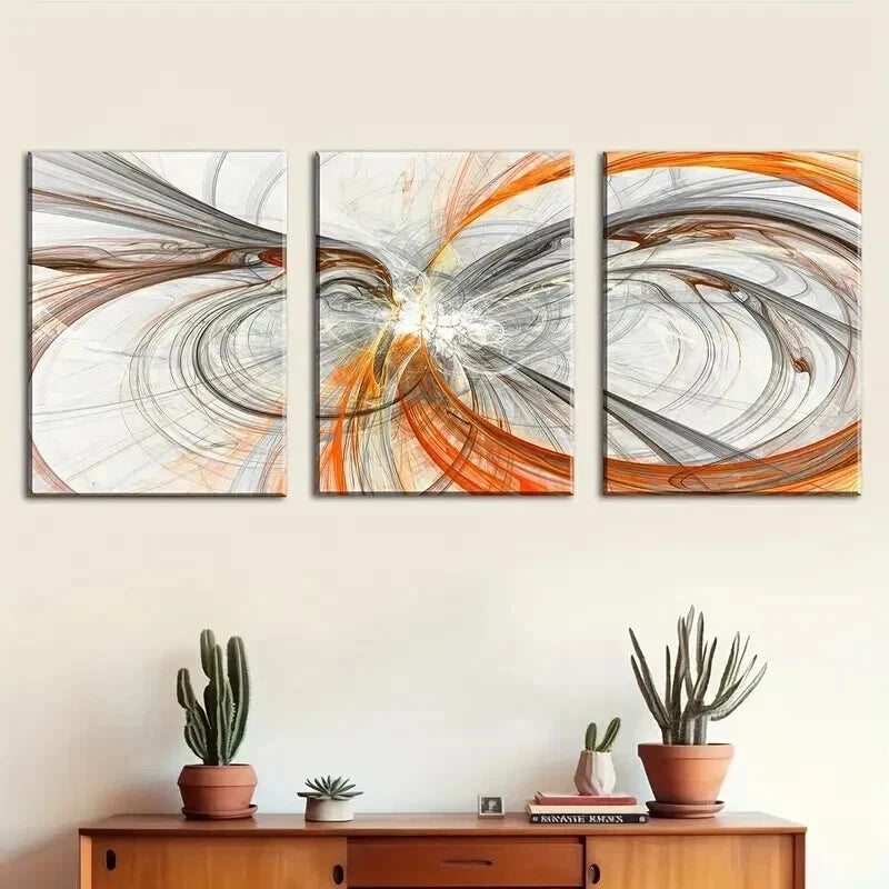3pcs Featuring Abstract Orange And Gray Lines Wall Art Set Canvas Framed 40x60cm - High Quality Print 100% Australian Made Wall Canvas Ready to Hang