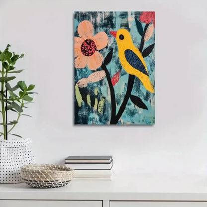 Beautiful Yellow Bird and Floral Design Painting 40x60cm Metal Print Ready to Hang