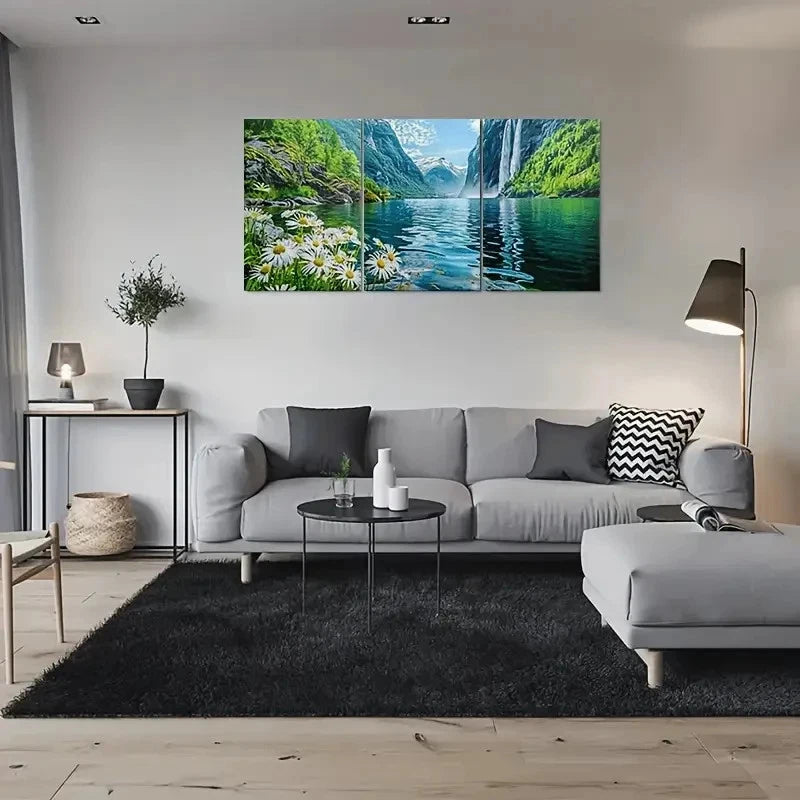 3pcs Nature Waterfall Mountain Daisy Flowers Metal Print Ready to Hang Art