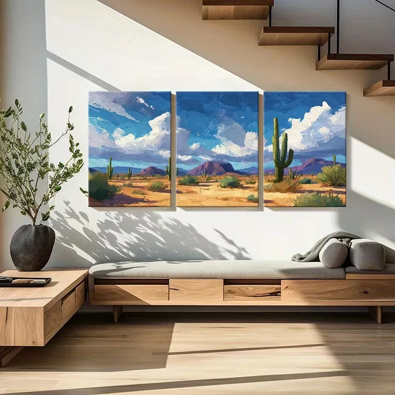 3pcs Vibrant Cactus & Australian Mountain Wall Art Set Canvas Framed 60x90cm - High Quality Print 100% Australian Made Wall Canvas Ready to Hang