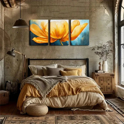 3pcs Yellow Tulip on Blue Background Perfect Wall Art Canvas Unframed - High Quality Print 100% Australian Made Wall Canvas