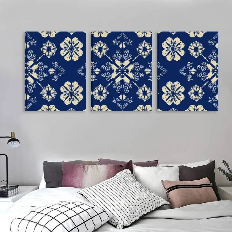 3pcs Blue And White Floral Geometric Pattern Wall Art Set Canvas Framed 60x90cm - High Quality Print 100% Australian Made Wall Canvas Ready to Hang