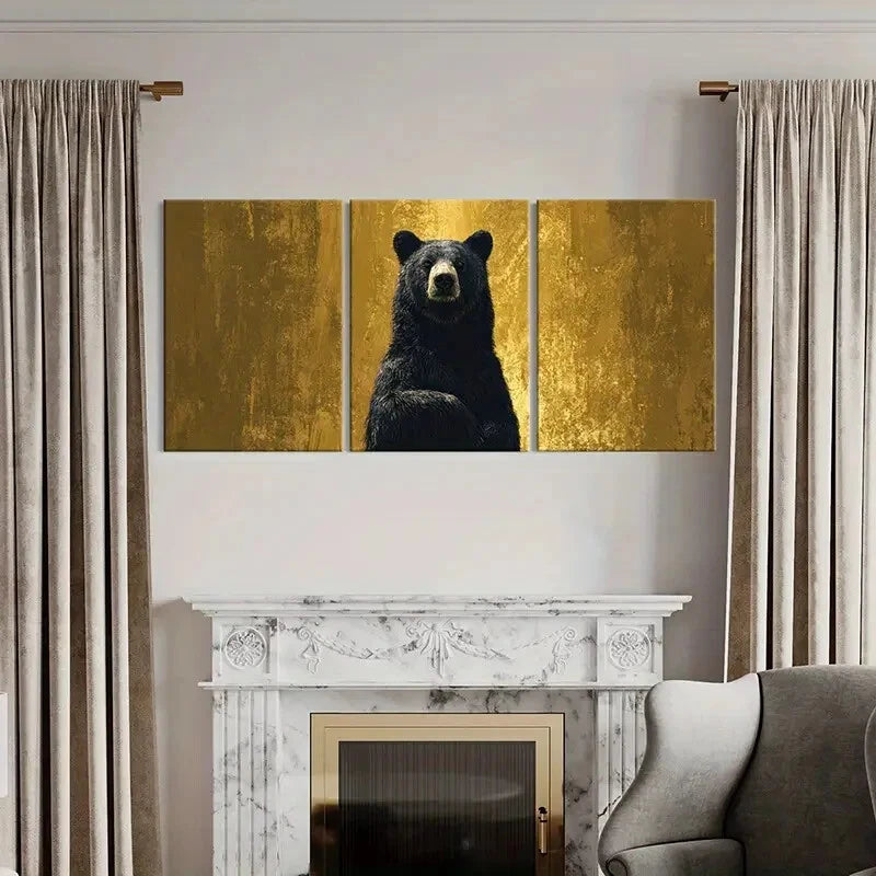 3pcs Black Bear Golden Background Forest Theme Metal Print Ready to Hang Art