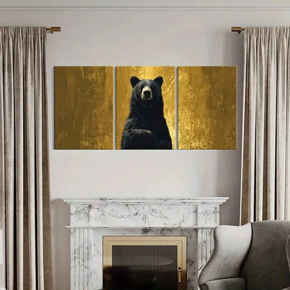 3pcs Black Bear Golden Background Forest Theme Metal Print Ready to Hang Art