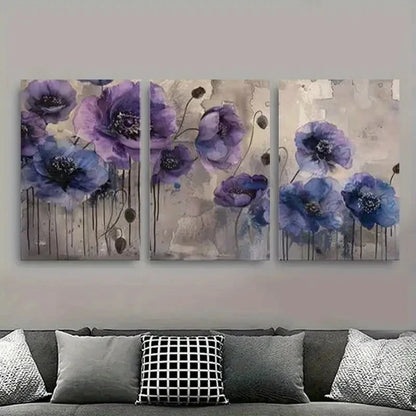 3pcs Modern Abstract Purple Poppy Floral Metal Print Ready to Hang Art