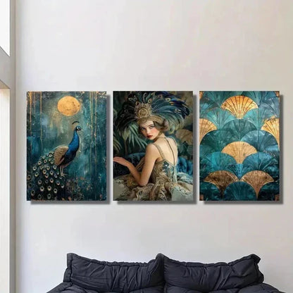 3pcs Gatsby Girl Peacock Full Moon  Wall Art Set Canvas Unframed - High Quality Print 100% Australian Made Wall Canvas