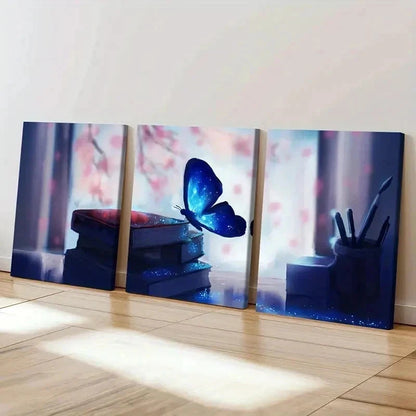 3pcs Sparkling Butterfly Resting On Books Wall Art Set Canvas Framed 40x60cm - High Quality Print 100% Australian Made Wall Canvas Ready to Hang