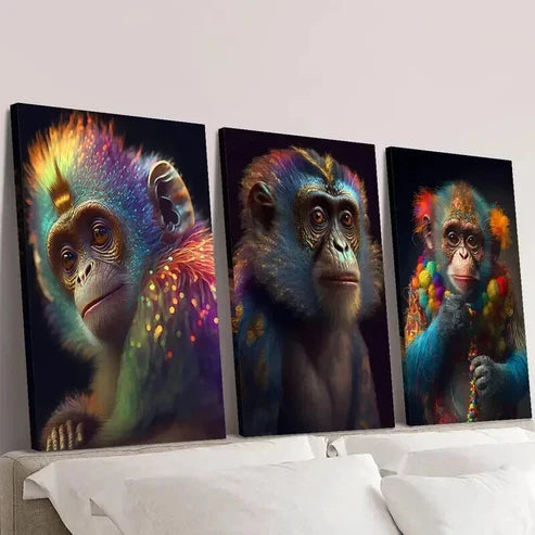 3pcs Classic Fluorescent Monkey Decor Wall Art Set Canvas Unframed - High Quality Print 100% Australian Made Wall Canvas
