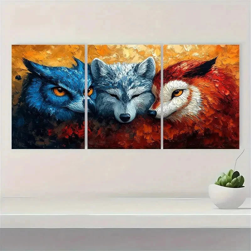 3pcs Animal Wolf and Owl Painting Metal Print Ready to Hang Art
