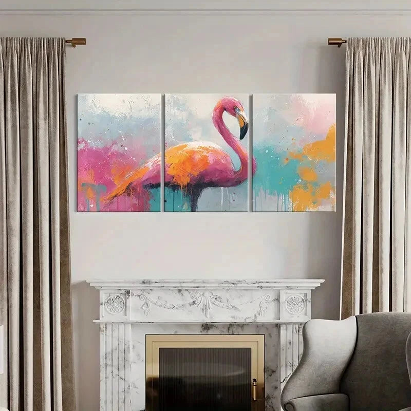 3pcs Set of Vibrant Abstract Flamingo Metal Print Ready to Hang Art