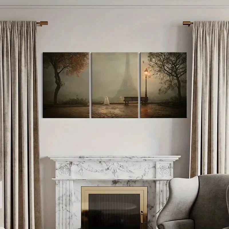 3pcs Eiffel Tower Ghostly Figure Foggy Atmosphere Metal Print Ready to Hang Art