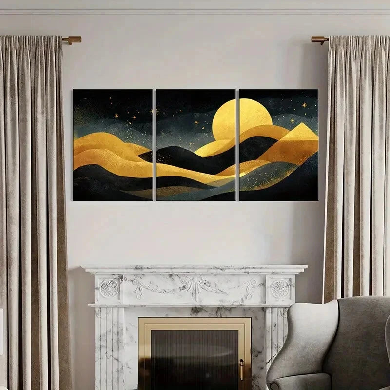 3pcs Moonlit Night Landscape Golden Waves Metal Print Ready to Hang Art