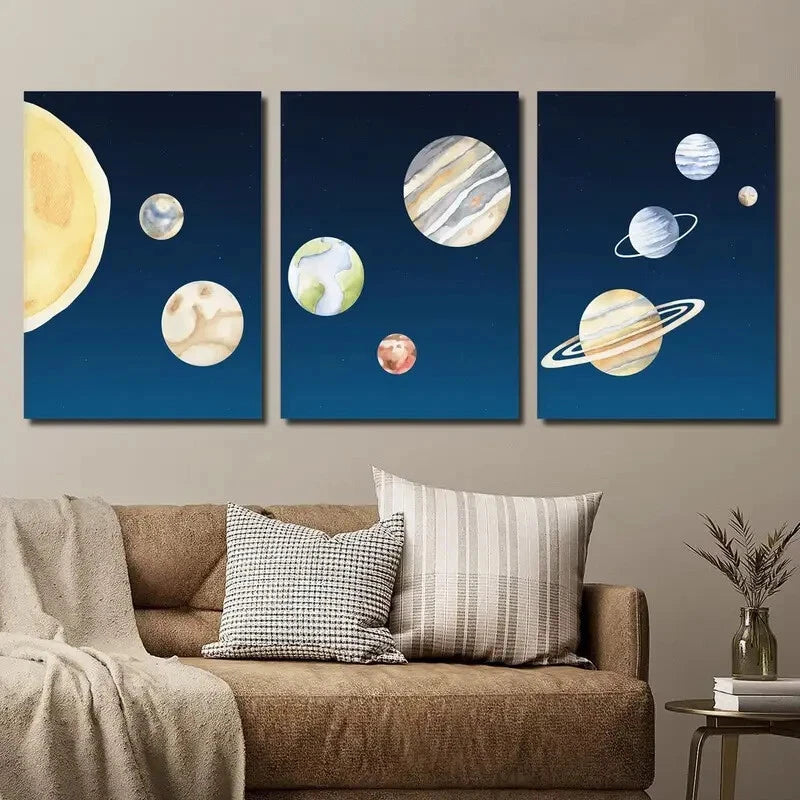 3pcs Navy Blue Starry Sky Planet Perfect Wall Art Set Canvas Framed 40x60cm - High Quality Print 100% Australian Made Wall Canvas Ready to Hang