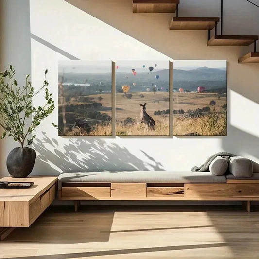 3pcs Kangaroo Hot Air Balloon Decoration Wall Art Set Canvas Framed 40x60cm - High Quality Print 100% Australian Made Wall Canvas Ready to Hang
