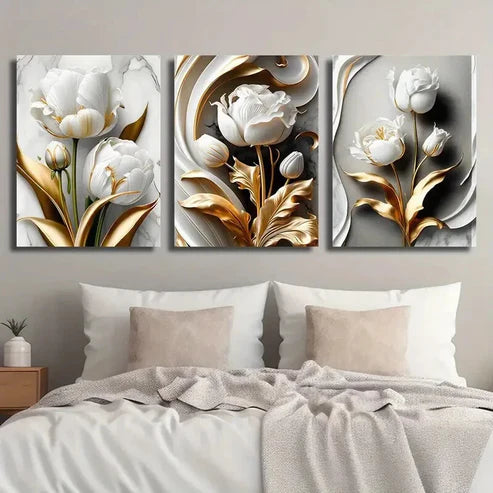 3pcs Golden & White Tulips with Marble Texture Wall Art Set Canvas Unframed - High Quality Print 100% Australian Made Wall Canvas