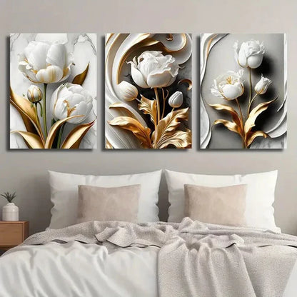 3pcs Golden & White Tulips with Marble Texture Wall Art Set Canvas Unframed - High Quality Print 100% Australian Made Wall Canvas
