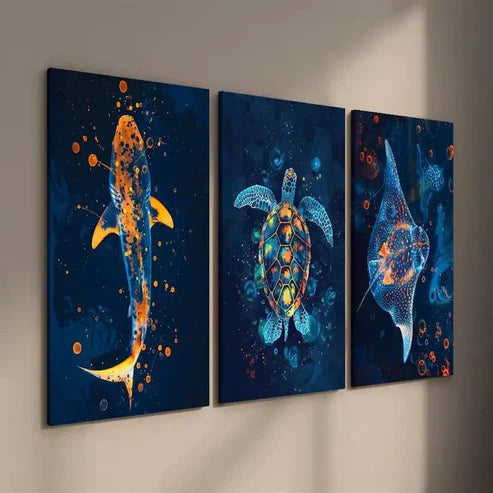 3pcs Colorful Shark Turtle and Stingray Wall Art Set Canvas Unframed - High Quality Print 100% Australian Made Wall Canvas