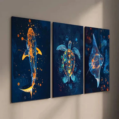 3pcs Colorful Shark Turtle and Stingray Wall Art Set Canvas Unframed - High Quality Print 100% Australian Made Wall Canvas