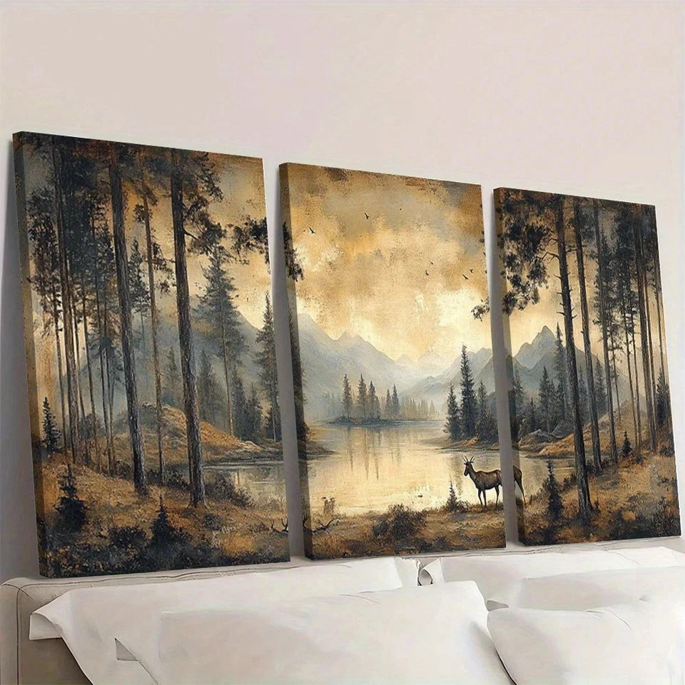 3pcs Neutral Brown Forest Scene with Serene Wall Art Set Canvas Framed 60x90cm - High Quality Print 100% Australian Made Wall Canvas Ready to Hang