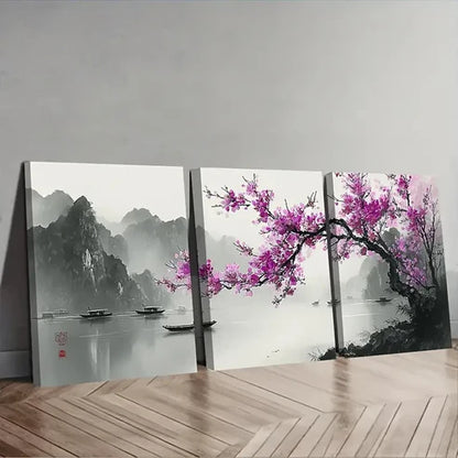 3pcs Purple Plum Blossoms In Full Bloom Set Canvas Unframed - High Quality Print 100% Australian Made Wall Canvas