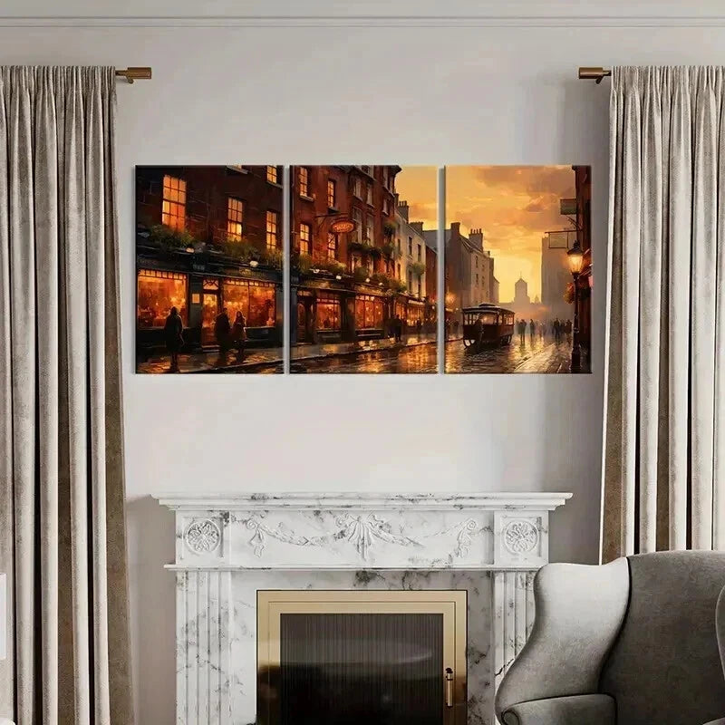 3pcs Retro Landscape Art Street Dusk Wall Art Set Canvas Framed 40x60cm - High Quality Print 100% Australian Made Wall Canvas Ready to Hang