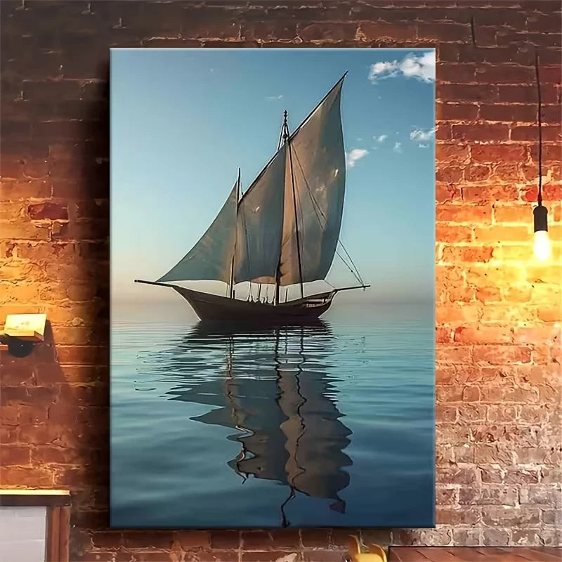 Sailboat Reflection Oil Painting Metal Print Ready to Hang