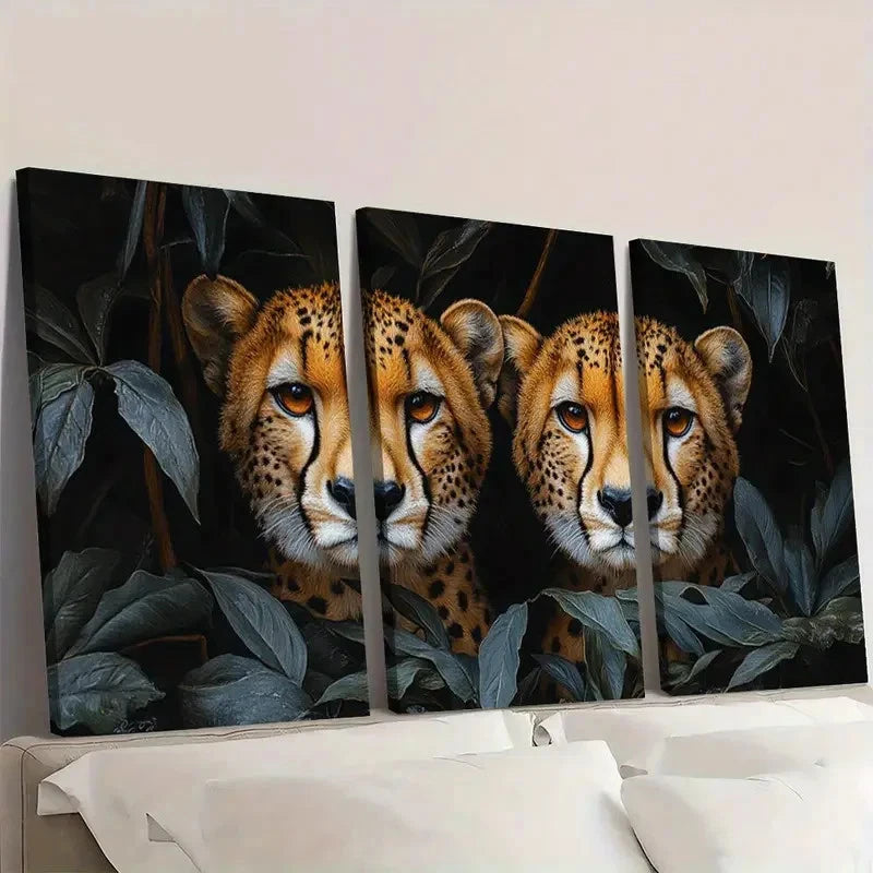 3pcs Animal Theme Cheetahs Green Leaves Wall Art Set Canvas Framed 60x90cm - High Quality Print 100% Australian Made Wall Canvas Ready to Hang