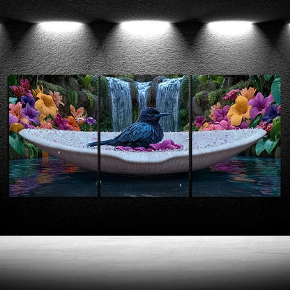 3pcs Waterfall and Floral Landscape with Blackbird Metal Print Ready to Hang Art