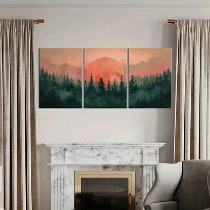 3pcs Sunset Forest Mountains Vintage Wall Art Set Canvas Framed 40x60cm - High Quality Print 100% Australian Made Wall Canvas Ready to Hang