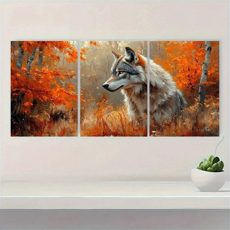 3pcs Wolf Animal Orange Scenery Metal Print Ready to Hang Art